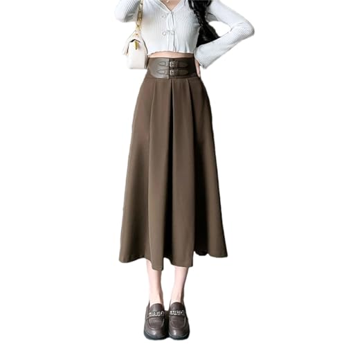 Falda plisada de cintura alta vintage para mujer, estilo universitario, falda larga acampanada, caqui, 36