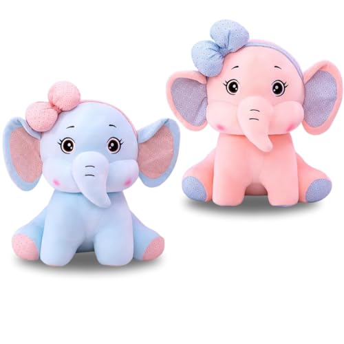 Image of Plush Bow Elephant Soft Toy, 25 cm | Stuff Toy for Kids | Plush Toy Gift for Kids | Elephant with Bow | A Cuddly Companion for All Ages Super Soft Touch and Feel (Peach& Blue) (2 Unit)