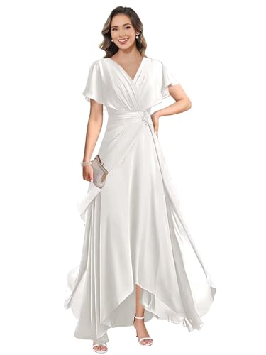 Women's Mother of The Bride Dresses for Wedding Short Sleeve A-Line Beaded Chiffon V-Neck Formal Evening Dresses