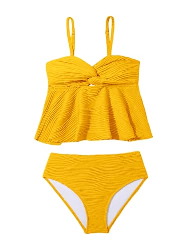 Image of OYOANGLE Girl's 2 Piece Tankini Swimsuit Textured Twist Front Ruched Ruffle Bikini Set Bathing Suits
