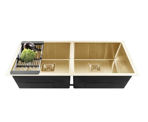 Image of Fossa 45x20x10 Inch Handmade Double Bowl Kitchen Sink | Premium Stainless Steel Sink with Waste Coupling, PVC Waste Pipe & Fruit Basket | Extra-Deep, Heavy-Duty, Rust-Resistant Gold (Matte Finish)