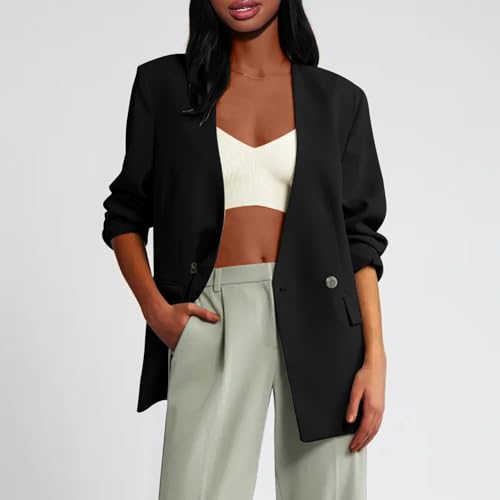 Blazers for Women Business Casual Double-Button Long Sleeve Jackets Shoulder Pad Collarless Open Front Blazer2