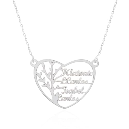 Collar Personalizable Árbol de la Vida con nombres para Mujer Personalizado, con cadena Rolo de 40cm + Alargador. Gargantilla ideal para regalar a madres o abuelas. (Corazón hasta 6 Nombres)