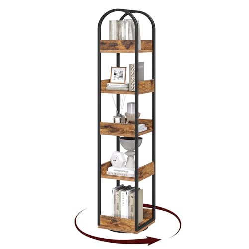 MAHANCRIS Librería Giratoria de 5 Niveles con Barandillas, Librería de Rincón, Armario para Libros, Mueble de Pie, Estantería Expositora, para Salón, Estudio, Oficina, Marrón Vintage ABKHR3501