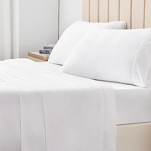 Aisbo Queen Sheet Set White - Extra Soft Embroidered Bed Sheets for Queen Size Bed, Deep Pocket Queen Sheets up to 16", 4 Pieces Hotel Luxury Breathable Sheets, Wrinkle Free