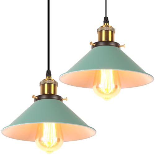 iDEGU Lámpara Colgante Retro, 22cm Vintage Lámpara de Techo Industrial Tulipa en Metal E27 Colgante de Luz para Sala de Estar Cocina Dormitorio Restaurante Comedor Pasillo (2 Piezas, Verde)