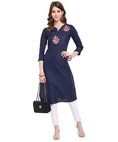 Image of EthnicJunction Women's Cotton Blend Floral Embroidered Straight Kurti (Royal Blue)