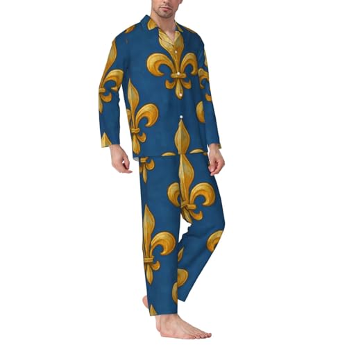 Mens Long Sleeves Pajama Set France Blue Fleur-De-Lis Cozy Two-Piece Loungewear For Nighttime Comfort,Casual Wear3