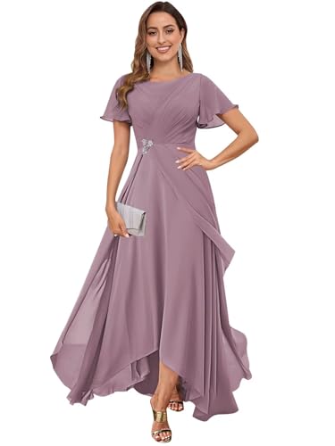 Scoop Neck Chiffon Mother of The Bride Dress with Pleated Beads A-line Tea Length of The Groom Dresses for Wedding