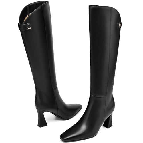 Women's Knee High Boots Fashion Long Boots Dressy Square Toe Tall Boots with Side Zipper 3 Inch Flare Heel2