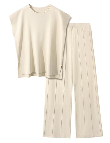 PASUDA Conjunto Punto Mujer 2 Piezas Ropa Verano Casual Cuello Redondo Tops Manga Corta de Punto y Cómodo Pantalon Suelto Moda Conjuntos Loungewear Deportivo (Beige, XL)