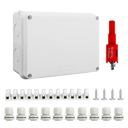 Scatola di Derivazione Impermeabile IP65 da Parete 150x110x70 mm, con 10 pressacavi M20 con guarnizione, inclusa sega a tazza da 20 mm, adatta per cavi Ø6–12 mm