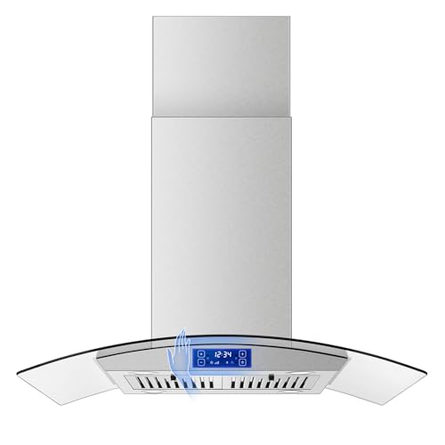 Tieasy Island Range Hood 36 inch 700 CFM Ceiling Mount Kitchen Stove Hood Ducted with Tempered Glass 4 LED Lights Touch Control 3 Speed Fan Permanent Filters
