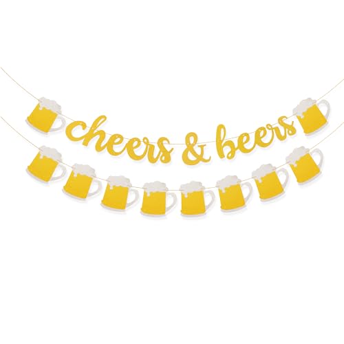 Chanaco Cheers and Beers Banner Olympics Decorations Beer Themed Party Accessories for Birthday Bachelor Olympics Oktoberfest Wedding Retirement Gold Yellow Glitter Mug Pennant Shape Supplies