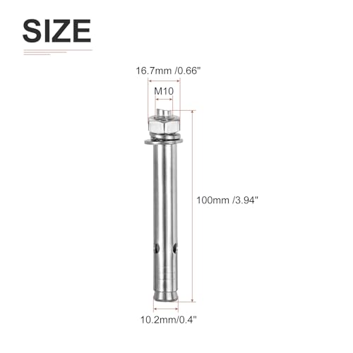 Image of DTGN M10 x 100 Expansion Bolts - 3Pack- Good for Concrete Dry Brick Block Walls - 304 Stainless Steel - Silver