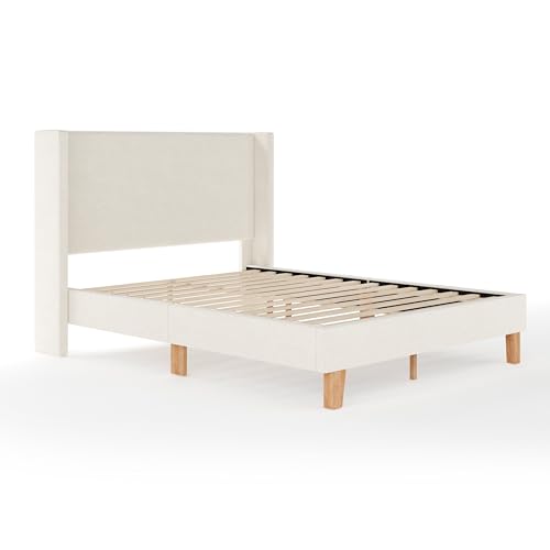 Image of Martha Stewart Maisie Queen Wingback Upholstered Platform Bed, Off-White