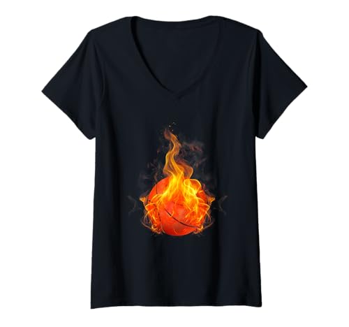 Mujer Balón de baloncesto en llamas para los amantes del baloncesto Camiseta Cuello V