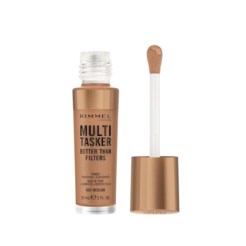 Rimmel Multi Tasker Better Than Filters, 005 Medium, 3 in 1 Face Primer, Glow Booster and Highlighter, Flawless Finish, Infused with Vitamin C and E, Maxi Soft Applicator, Vegan, 30ml