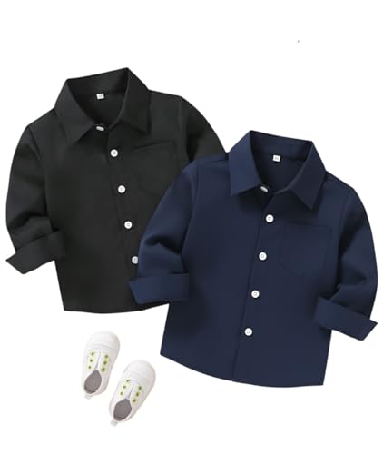 Image of Boys Shirt, Black and White Plaid and Light Blue Solid, Long Sleeve Button-Up, 2 Pack