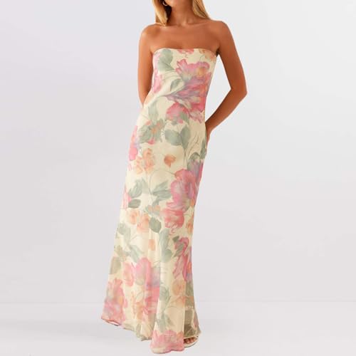 Image of Women Y2k Strapless Maxi Dress Summer Backless Floral Long Tube Dress Off Shoulder Cocktail Party Dress