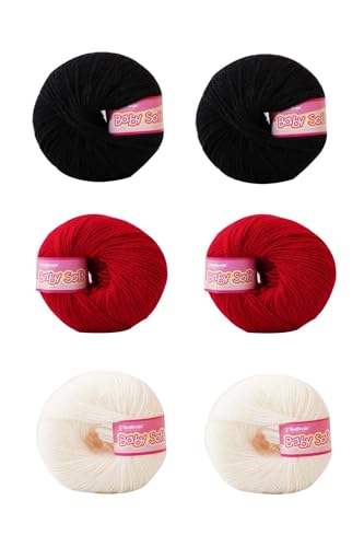 Image of Vardhman BabySoft Knitting Yarn | 100% Acrylic Wool | 4 Ply | Thin Knitting & Crocheting Hook Thread & Lightweight | Special Baby Wool | 150 Grams (6 Balls of 25g) | Machine Washable | Ideal for Blankets, Hats, Booties Ultra-Soft for Baby Sweaters, Blankets, Caps, Socks, Soft toys, Art & craft (Black 21 + Off White 11 + Blood Red 19)