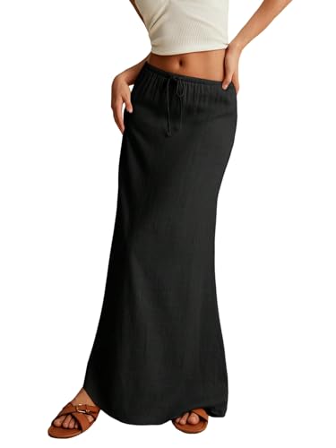 EARKOHA 2025 Women's Summer Maxi Skirt Drawstring Low Waist A Line Linen Long Flowy Skirts Black XS