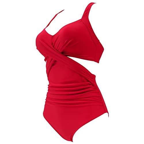 Rxrxcoco Women Front Cross One Piece Swimsuit Tummy Control Cross Back Monokini Bathing Suit For Women Red Large #TOP3