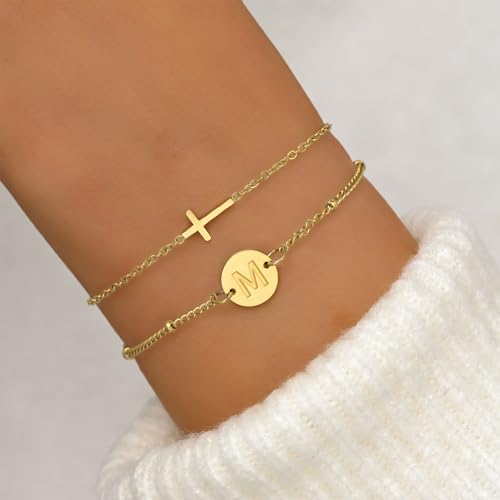 Cross Bracelet for Women Initial Bracelets for Women Dainty Layered Beaded Disc Monogram Gold Faith Cross Bracelet Christian Religious Jewelry Gift2