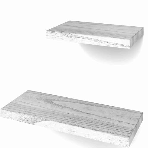 Image of BAYKA Floating Bathroom Shelves for Kitchen Coffee Bedroom Decor, Wood Wall Mounted Rustic Floating Shelves for Home Storage, Over The Toilet Hanging Shelf with Hooks and Towel Bar, Set of 2