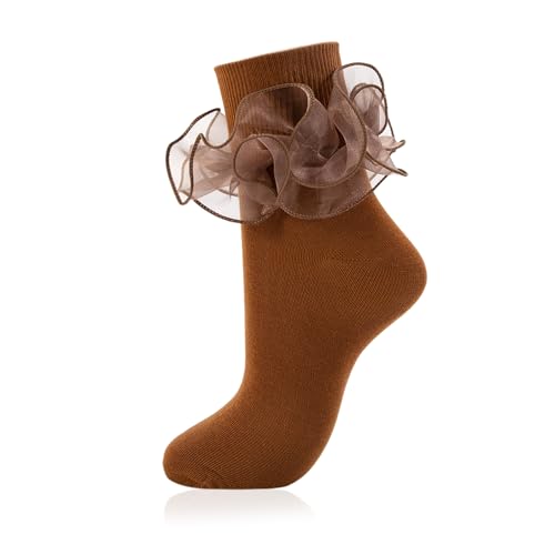 Image of Women Big Ruffle Ankle Socks Adult Double Lace Frilly Socks Fold Cuff Cotton Ruffled Dress Crew Bobby Bride Sock