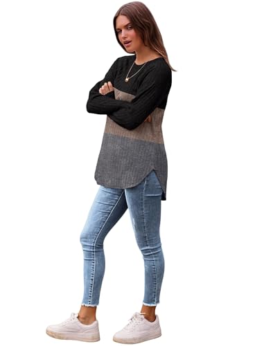 Image of Saloogoe Long Sleeve Shirts for Women 2025 Fall Clothes Tunic Tops Loose Fit Dressy Crewneck Pullover Sweaters Curved Hem