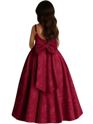 Gekaioe Burgundy Satin Jacquard Flower Girl Dresses with Bow 2026 Cute Kids Princess Dress for Wedding Backless Girls First Communion Evening Pageant Gown US2