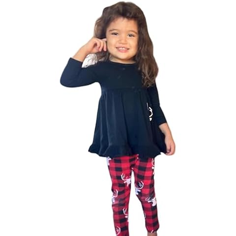 HIHA Toddler Girls Christmas Outfits, Baby Girl Tunic Drees Tops Buffalo Plaid Pants Scarf Deer Winter Clothes (Deer, 3-4T) Cover