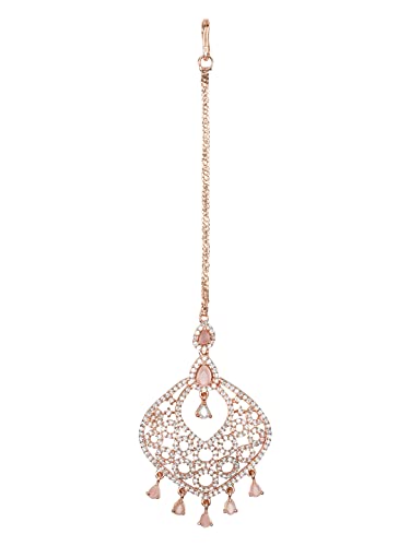 Women's Rose Plated AD & CZ Studded Crystal Maang Tikka
