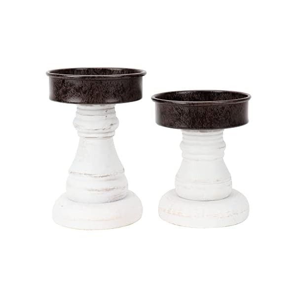 GenMous&Co. Decorative Candle Holders Pedestal Rustic Wood for Pillar Candle Farmhouse Candlestick Holder Galvanized Plate for Mantel, Dining Table, Centerpiece,Coffee Bar,Set of 2（White