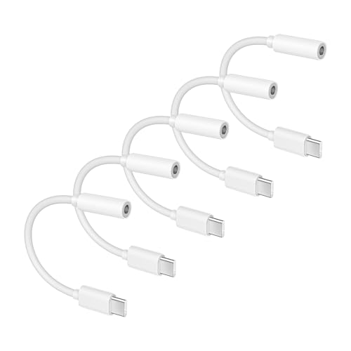 5 Pack USB C to 3.5mm Headphone Jack Adapter Type C Audio Aux Cable Dongle Compatible with iPhone 16/15/15 Plus/15 Pro/15 Pro Max/iPad/Pixel, Samsung Galaxy S23 S22 S21 S20 Ultra Z Flip/Note(White)