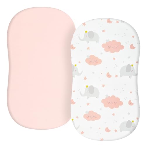Image of TILLYOU Baby Bassinet Sheets for Girls Boys 2 Pack Baby Sheets for Square Rectangle Oval Bassinet Mattress 33X16 Inch, Elephant & Cloud Pink