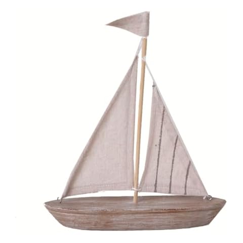 The Bridge Collection Neutral Wooden Sailboat Figurine - Small Tabletop Boat Decor with Striped Sail - Sailboat Table Top Figurine for Nautical, Coastal Decor Cover