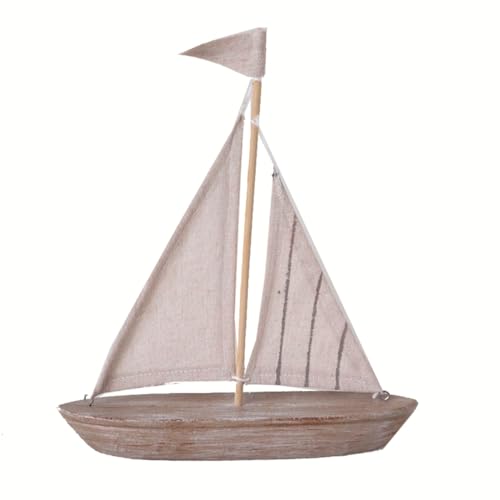 The Bridge Collection Neutral Wooden Sailboat Figurine with Striped Sail