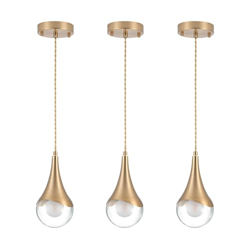 Image of MWZ Gold Pendant Lights Kitchen Island 3 Pack, Modern Brass Raindrop Pendant Light Fixture Over Table with Clear Glass Globe Shade,Mini Teardrop Chandelier,Adjustable Cord Hanging Lighting for Sink