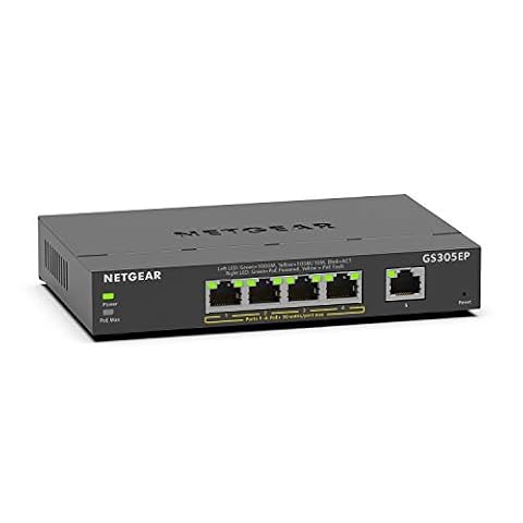 NETGEAR Przełącznik GS305EP PoE 4-portowy Gigabit Ethernet LAN PoE 63W Plus (5 portów Plug-and-Play, zarządzalny, PoE, IGMP Snooping, QoS, VLAN, metalowa obudowa bez wentylatora)