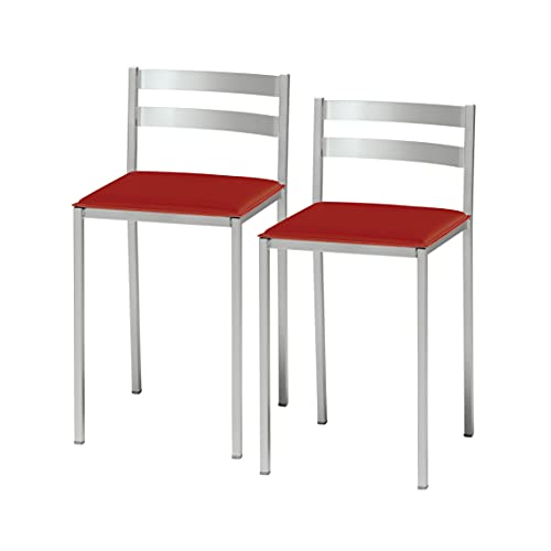 ASTIMESA Dos Taburetes de Cocina con Respaldo bajo Franjas horizontales en Polipiel Rojo, Altura de Asiento 45 cms (TAFHRO)