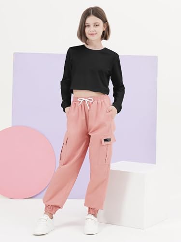 Image of SANGTREE Girls Fall Winter Clothing Sets, Girls Long Sleeve Crop Top and Cargo Jogger Pants Outfit Set,4T-14 Years