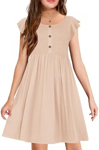 YOVION Girls Summer Ruffle Sleeve Smocked A-Line Button Down Casual Sundress with Pockets for 10-11 Y Khaki