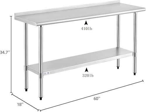 Image of ROCKPOINT Stainless Steel Table for Prep & Work with Backsplash 18x60 Inches, NSF Metal Commercial Kitchen Heavy Duty Table with Adjustable Under Shelf and Table Foot for Restaurant, Home and Hotel