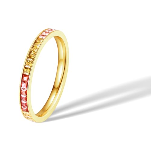 Eternity Rainbow Ring for Women, 18K Gold Plated Colorful AAAAA Cubic Zirconia Multi-Gemstone Stackable Band Ring
