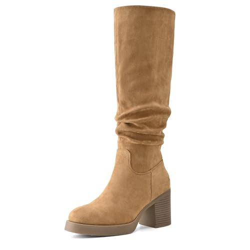 Shoe'N Tale Knee High Boots for Women Chunky Heel Platform Slouchy Stretchy Suede Round Toe with Side Zipper Fall and Winter Fashion Comfortable Boots