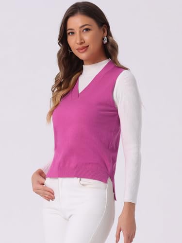 Image of Allegra K Women's V Neck Sweater Vest Knit Pullover Sleeveless Sweater Top | v neck, sleeveless, solid color, high low hem, basic pullover sweater vest, knit fabric, spring casual top