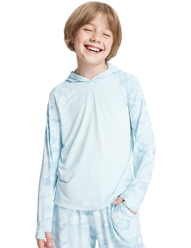 Image of Venzina UPF 50+ Kids Camo Print Hoodie Quick Dry Long Sleeve Sun Protection Shirt Boys & Girls Sport Top for Running, Dancing & Everyday Wear, Blue, 120cm