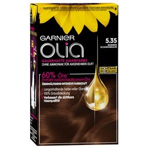 Garnier Olia, 3 pezzi. (3 x 287 g) - Tinta per capelli permanente senza ammoniaca, arricchita con oli naturali, marrone cioccolato caldo, copertura completa dei capelli grigi